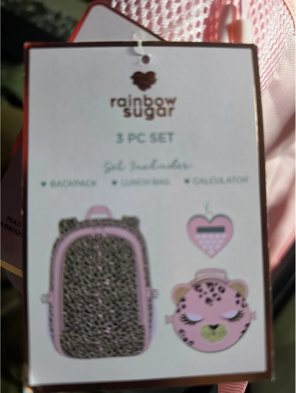 NEW Rainbow Sugar 3 PC Set Kids Backpack, Lunch Bag & Calculator - Pink Leopard